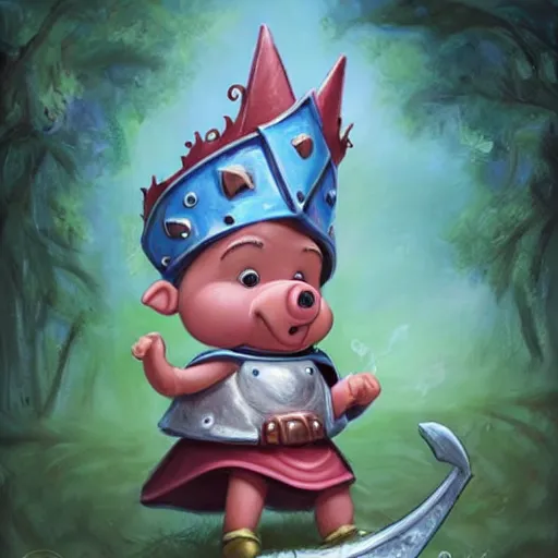 Image similar to cute little cartoonish anthropomorphic piglet warrior princess wearing a cape and a crown, fantasy forest, caricature, tiny, small, miniature pig, baby animal, short, pale blue armor, cute and adorable, pretty, beautiful, DnD character art portrait, matte fantasy painting, DeviantArt Artstation, by Jason Felix by Steve Argyle by Tyler Jacobson by Peter Mohrbacher, cinematic lighting