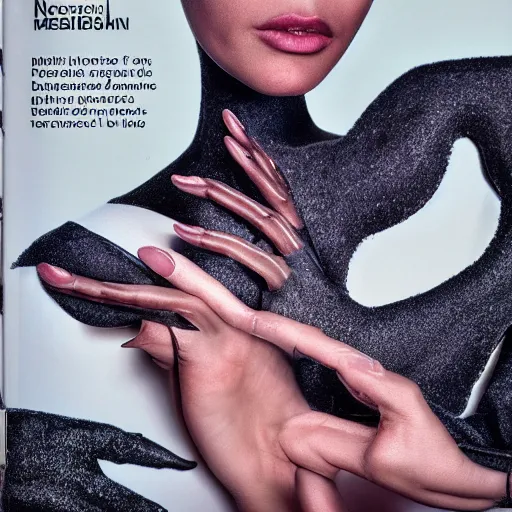 Prompt: beautiful extreme closeup frontpage of frontiers in molecular hand metamorphosis fashion magazine portrait photo, focus on hand, highly detailed