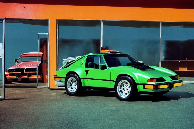 Prompt: A single 1985 Bronco Vector W8 Twin Turbo 911 BMW M1 inside of a car wash, ektachrome photograph, volumetric lighting, f8 aperture, cinematic Eastman 5384 film