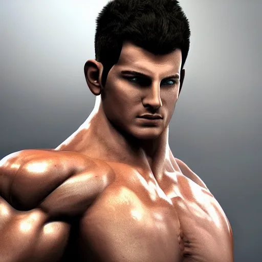 Image similar to a realistic detailed photo of a bodybuilder who is also a male android, Chris Redfield, shiny skin, posing robotically. blank stare