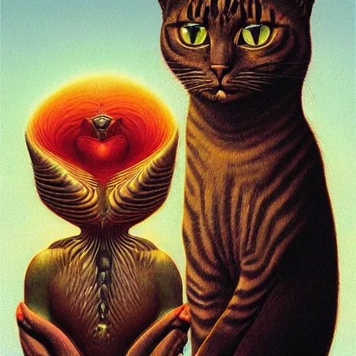 Image similar to a cat having an ego trip, by alex grey, by Esao Andrews and Karol Bak and Zdzislaw Beksinski and Zdzisław Beksiński, trending on ArtStation