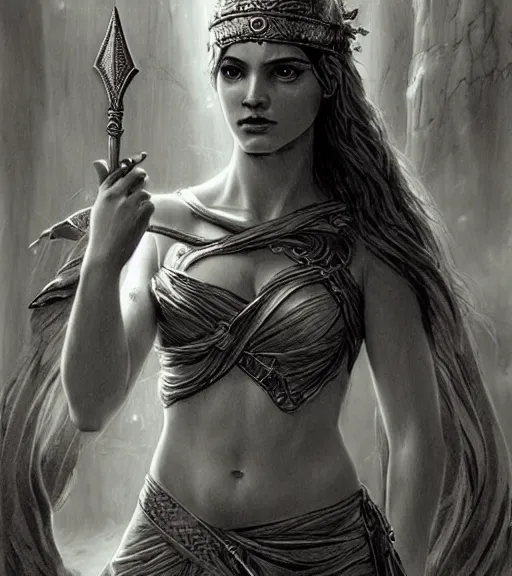 Image similar to beautiful aphrodite goddess wearing an arrow on her head, realistic face, beautiful eyes, black and white drawing, in the style of greg rutkowski, fantasy, amazing detail, epic, intricate, elegant, smooth, sharp focus