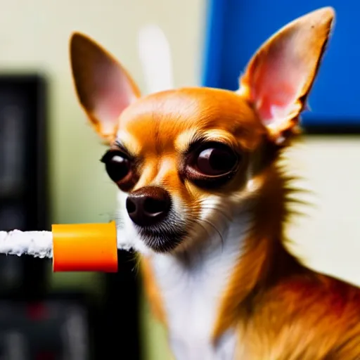 Image similar to a chihuahua smoking weed in an office