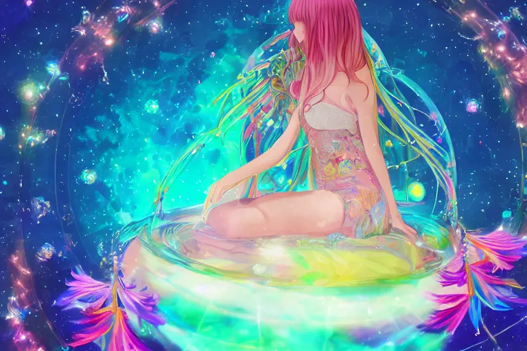 Prompt: psychedelic, full body, whimsical, anime, 4k, beautiful intimate woman holding a fancy dreamcatcher, with professional makeup, long trippy hair that is floating on the water, a crystal and shimmering flower dress, sitting in a reflective pool, surrounded by gems, underneath the stars, rainbow fireflies, trending on patreon, deviantart, twitter, artstation, volumetric lighting, heavy contrast, art style of Ross Tran and Viktoria Gavrilenko and Ilya Kuvshinov