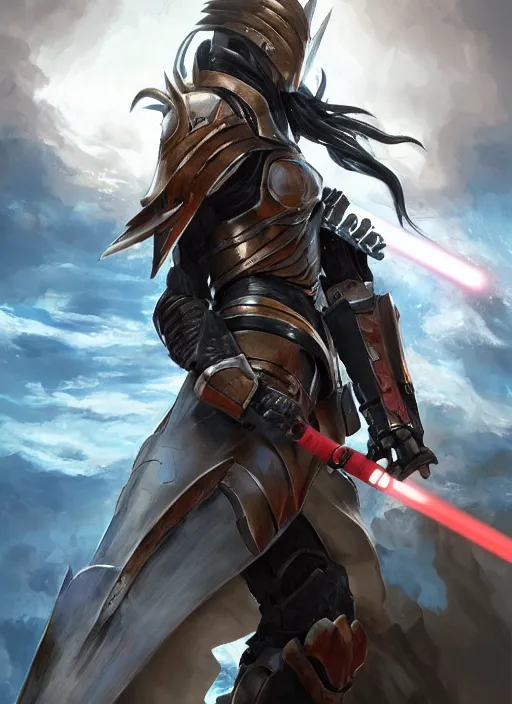 Image similar to side portrait of a humanoid shark in armor holding a lightsaber, anime, hyper - realistic, detailed, ghibli, ruan jia, wlop, fantasy, scifi, magic the gathering