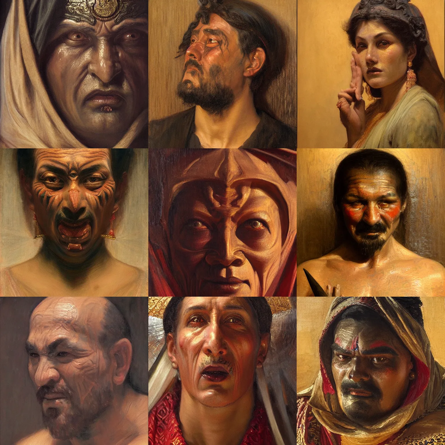 Prompt: orientalism face detail of an evil demon by edwin longsden long and theodore ralli and nasreddine dinet and adam styka, masterful intricate art. oil on canvas, excellent lighting, high detail 8 k