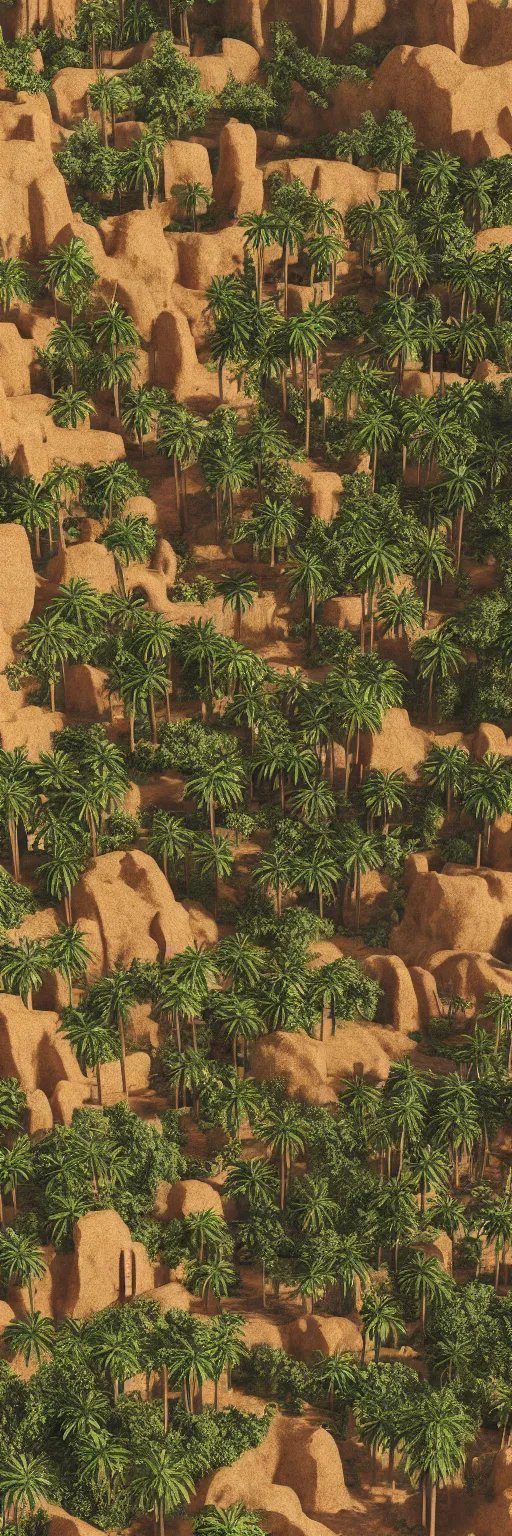 Image similar to photo of vertical golden village, arid mountains and lush palm forest, photo realism, sharp focus, octane