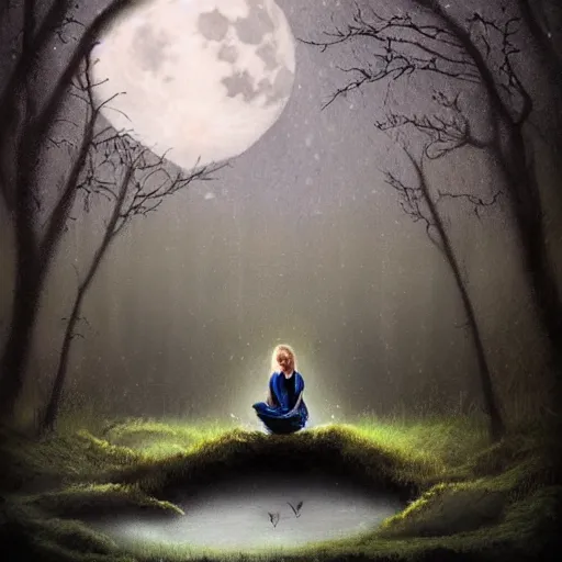 Prompt: highly realistic painting of a towering misty dark fantasy forest surrounding a pond, a girl sits on the roots of an ancient tree looking up at the moon, spooky fog, fantasy painting hd