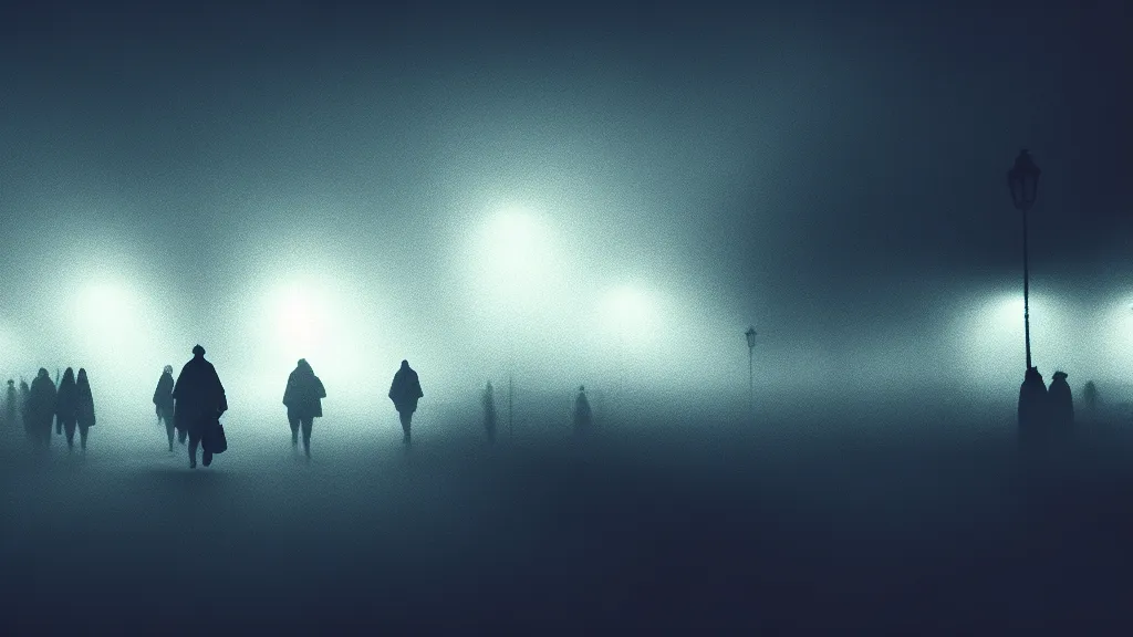 Image similar to the crowd flees the village, fog, volumetric lighting, mystique, atmospheric, blue and yellow, sharp focus, ultra detailed, noir art house, 4 k, cinematic, 3 5 mm