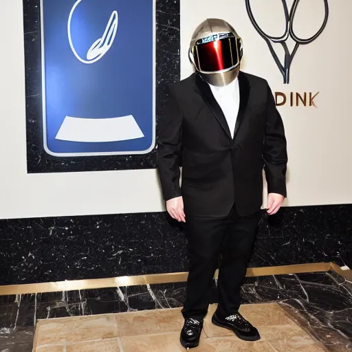 Image similar to Jonah Hill X Daft Punk. They are at the Hilton Garden Inn lobby. Hotel lobby. Weird robotman daft punk. Man with helmet. Jonah hill famous actor. Meeting. Hilton. 4k photography