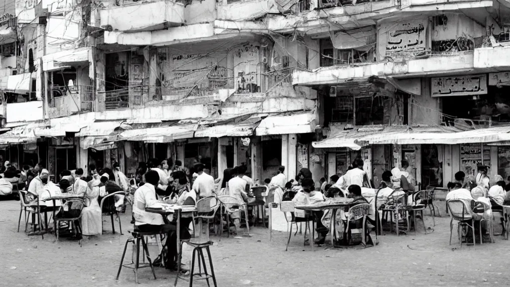 Prompt: photograph of a cafe in central baghdad in the 1 9 6 0 s + fujifilm