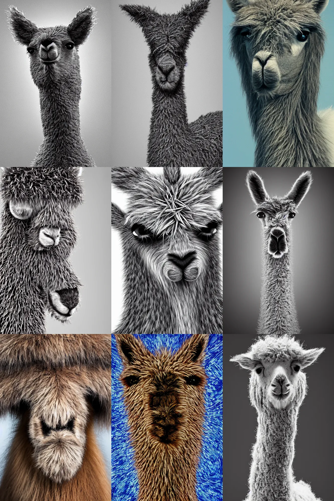 Prompt: Scanning tunneling microscope image highly rhythmic expressionistic wild symmetrical nano-scale sculpture furry llama portrait in Scanning tunneling microscope, HQ 8k scan