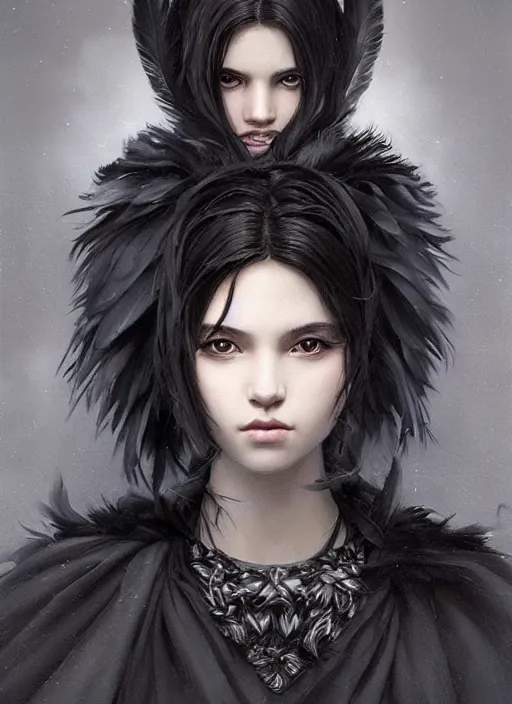 Image similar to a teenage girl with very short black hair and a huge cloak made of grey and black feathers. beautiful highly detailed face. beautiful painting by artgerm and greg rutkowski and raymond swanland, portrait