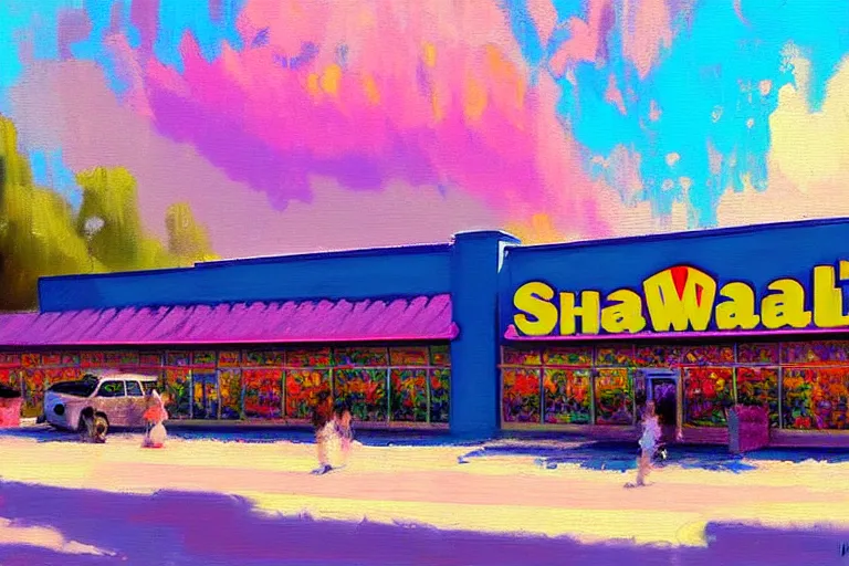 Image similar to impressionist brushstrokes!!!! lisa frank and and richard schmid and jeremy lipking victorian loose genre loose painting of a walmart store