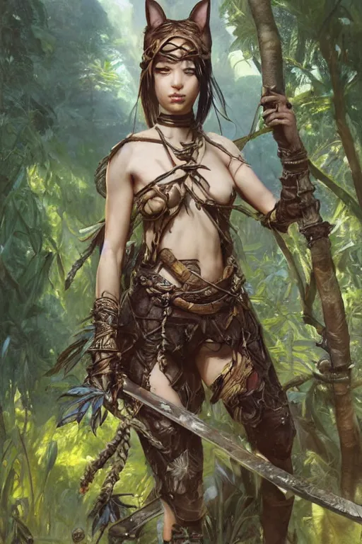 Image similar to warrior neko woman in a jungle with cat ears wearing armor, fantasy art, highly detailed character, by yoshitaka amano, by jeremy lipking, by greg rutkowski, illustration, volumetrics, nature, by magali villeneuve