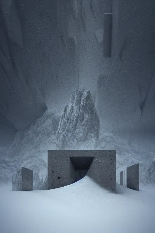 Image similar to sci - fi concrete brutalist architecture in the italian dolomites, snowfall, rutkowski, zaha hadid, beksinski, oil painting, photoreal, highly detailed, 8 k, hd, vray, artstation, cinematic matte painting, extreme detail photo quality, dark moody colors, featured on behance