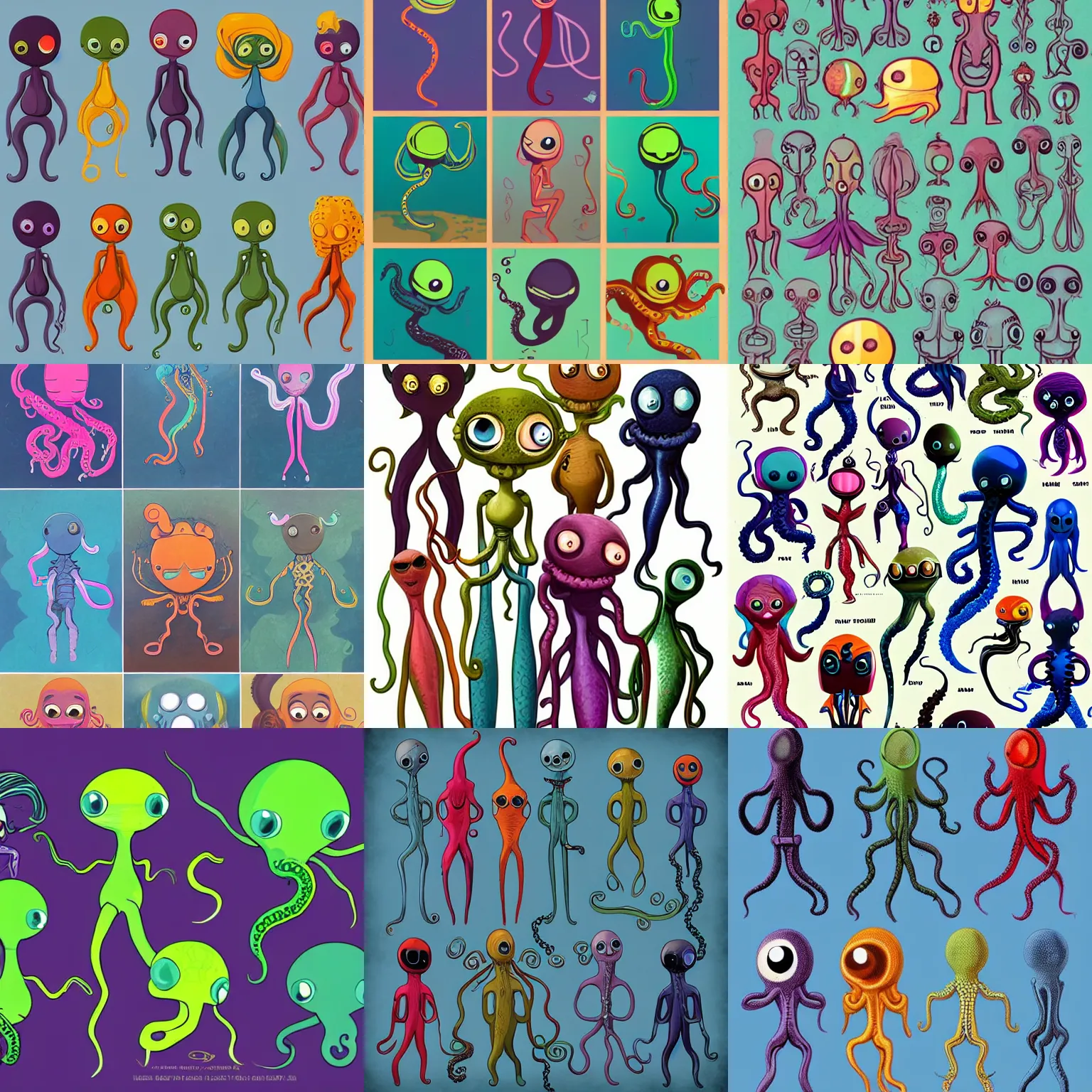Prompt: vintage colorful friend shaped little aliens with big black alien eyes with webbed tentacle arms and skinny thin human legs inspired by Ursala from Disneys the little mermaid as playable characters design sheets for the newest psychonauts video game made by double fine done by tim shafer that focuses on an ocean setting with help from the artists of odd world inhabitants inc and Lauren faust from her work on dc superhero girls and lead artist Andy Suriano from rise of the teenage mutant ninja turtles on nickelodeon using artistic cues for the game fret nice