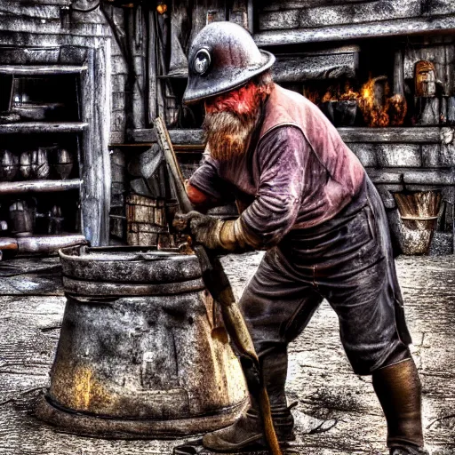 Prompt: a old grumpy blacksmith hammering away on burned metal, realistic, hdr, clear image, hdd, medival,