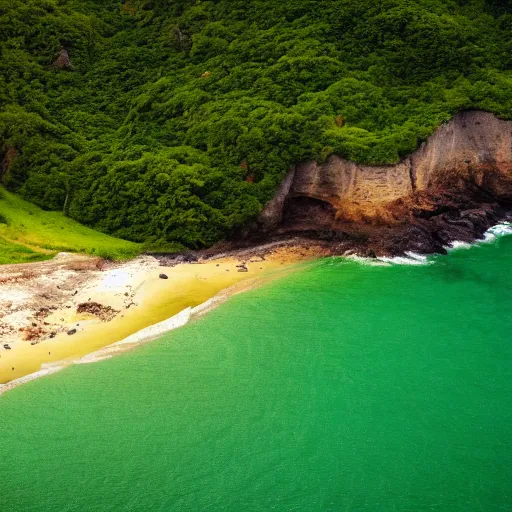 Prompt: green beach, green ocean, green sky, photography