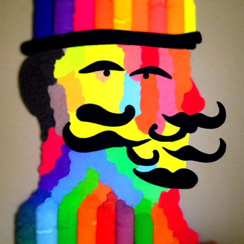 Image similar to a man made entirely from crayons with a top hat and mustache