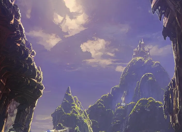 Prompt: Imposing sapphire gothic palace ascending out of the tempestuous sea, beautiful architecture, dramatic lighting, epic composition, wide angle, close up, by Miyazaki, Nausicaa Ghibli, Breath of The Wild