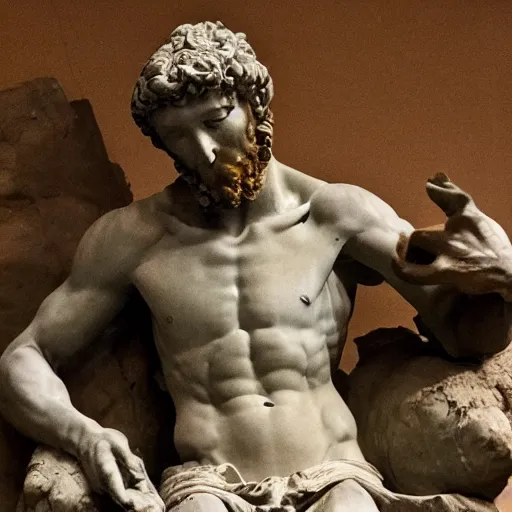 Prompt: A photo of Michelangelo's sculpture of David wearing headphones djing.