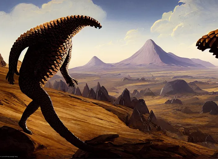 Prompt: an alien pangolin in white and gold scaled armor standig on a mountain on an alien planet, matte painting, by isaac levitan and asher brown durand,