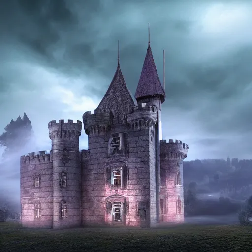 Image similar to abandoned castle, ultra realistic, 8 k, purple fog, dark, ultra detailed, highly detailed, fantastically detailed, illustration, night time, cinematic