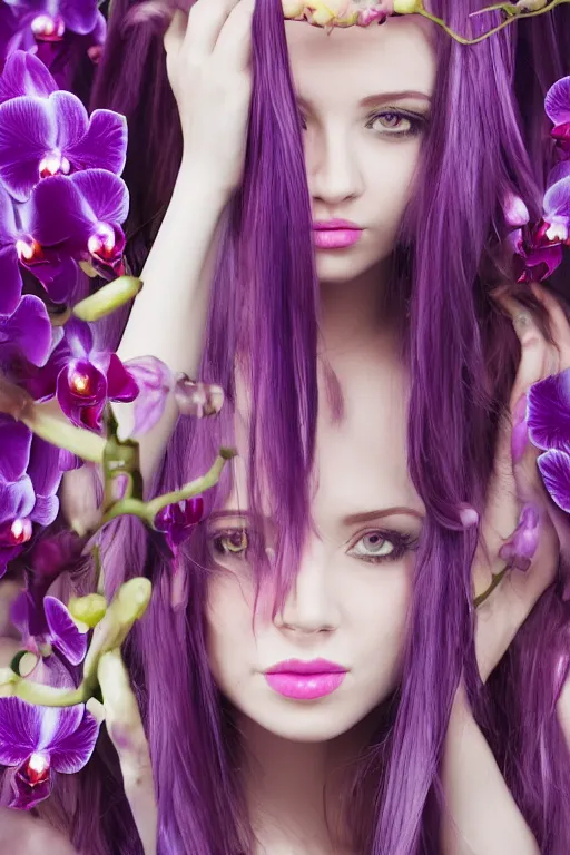 Prompt: an attractive girl is surrounded by colorful orchids, symmetrical face and eyes, flat upper body face, long straight purple hair, visible face, otaku : : portrait, painting, splash