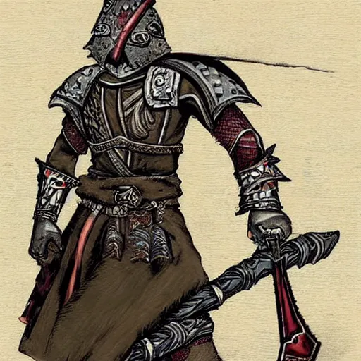 Image similar to a kislev warrior who is wearing iron gauntlets in the shape of bear claws in the style of warhammer fantasy : : head and shoulders drawing