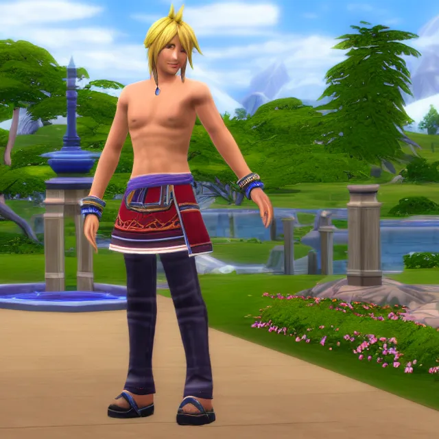 Prompt: Tidus from Final Fantasy X in The Sims 4,