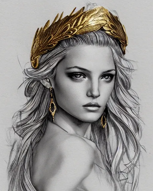 Image similar to tattoo design sketch of hot blonde super model as aphrodite greek goddess wearing a gold laurel wreath and triangle earrings, beautiful piercing gaze with sharp pupils, in the style of greg rutkowski, fantasy, amazing detail, epic, elegant, smooth, sharp focus, front view