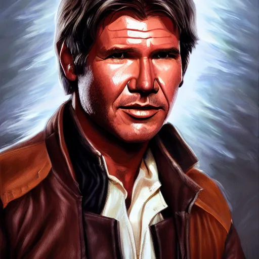 Prompt: old harrison ford as han solo, oil painting, artgerm, portrait, highly detailed, artstation