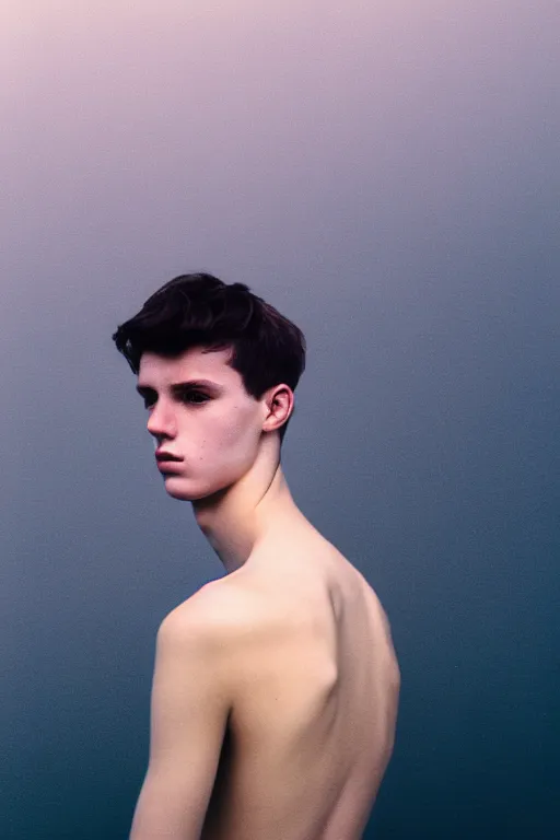 Image similar to high quality pastel coloured film mid angle docu photograph of a beautiful young 2 0 year old male, soft features, short black hair, falling in an icelandic black rock pool environment. atmospheric. three point light. photographic. art directed. ( pastel colours ). volumetric light. clearcoat. waves glitch. 8 k. filmic.