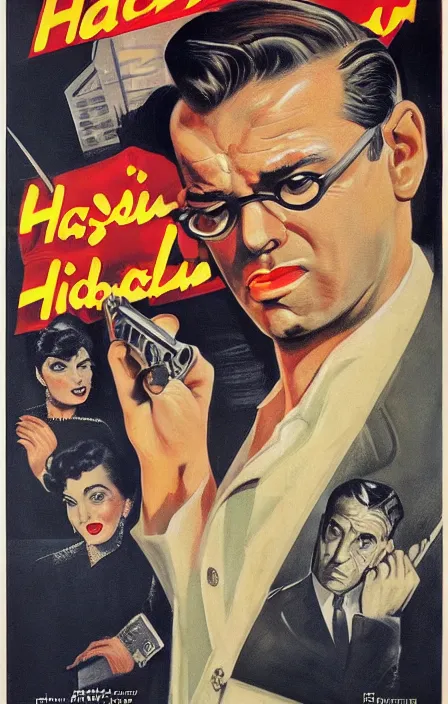 Prompt: hasanabi ( hasan piker ) in 1 9 5 0 s pulp spy thriller movie poster, highly detailed, illustration, mgm studios, david klein, reynold brown