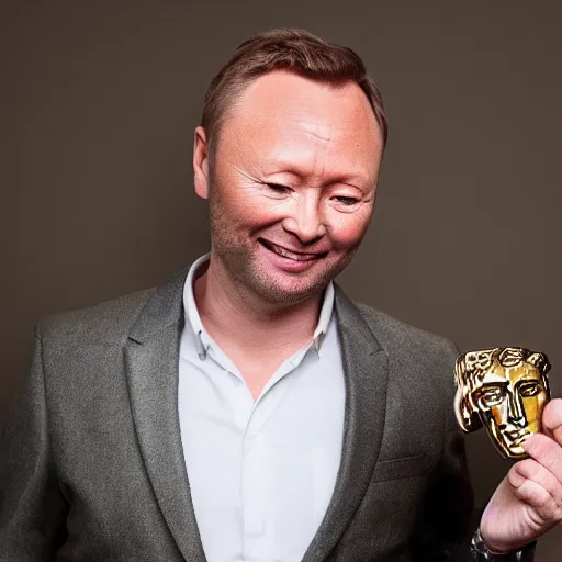 Image similar to limmy holding bafta award, realistic, wide shot, dramatic lighting, hyper realistic, high quality, highly detailed, hd, beautiful, cinematic, 8 k, unreal engine, facial accuracy, symmetrical,