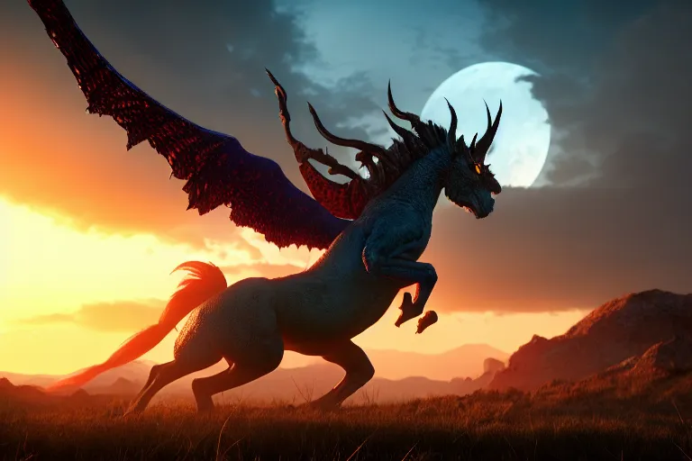 Image similar to scaled mythical creatures threatens the humankind. kaizu, highlight scene of movie, box office hit, sunset horizon, high quality, highly detailed 8 k, unreal engine 5, artstation