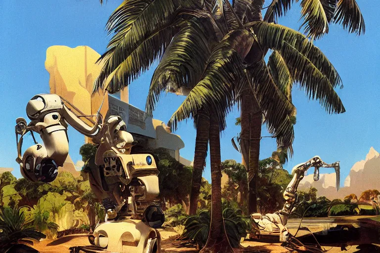 Prompt: natural american landscape | robot repairing another robot | palm trees, painting by syd mead and weta studio and james jean, frank frazetta, highly detailed, rule of third, soft lighting, 8 k resolution, oil on canvas, architectural magazine, beautiful detailed, insanely intricate details, artstation trending, hypermaximalistic, high details, cinematic