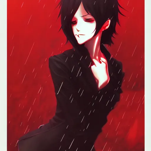 Prompt: beautiful seductive female dullahan, in the rain, highly detailed, painting, dark red and black color palette, intricate, high quality anime artstyle, in the style of ilya kuvshinov