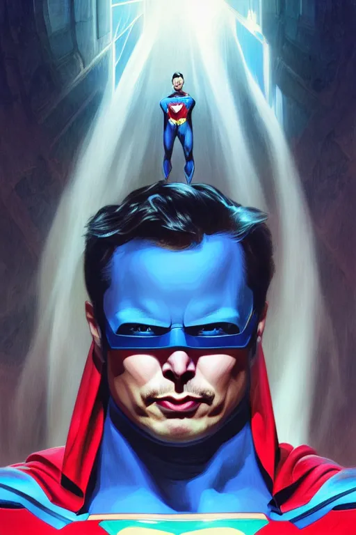 Image similar to elon musk as superman, realistic portrait, symmetrical, highly detailed, digital painting, artstation, concept art, smooth, sharp focus, illustration, cinematic lighting, art by artgerm and greg rutkowski and alphonse mucha