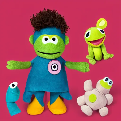 Image similar to mikky ekko as a muppet, plush doll, felt features