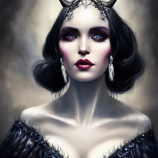 Prompt: full length portrait of a beautiful woman with horns, large piercing blue eyes, long wavy black hair, long black dress with silver jewels, black bat wings on back, detailed background, by tom bagshaw