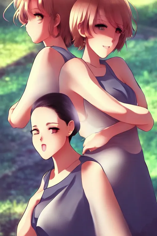 Image similar to two beautiful mothers with short hair outside on a hot summer evening, gorgeous faces, thick lines, cinematic lighting, detailed anime art