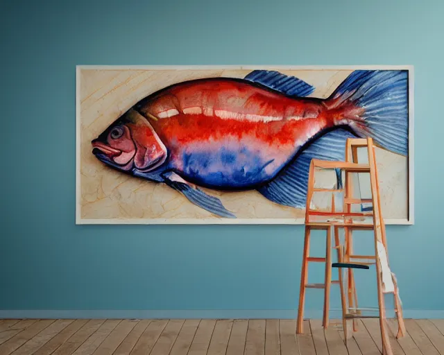 Prompt: an innocent and beautiful scene in hyper realistic style, watercolor and pen oily drawing on wood, of a smadar lomnitz painting a huge colorful fish on the wall, lighting from the barred window. shadows. 4 k. wide angle. wild mood. red mouth, blue eyes. deep focus, lovely scene. ambient occlusion render. unreal engine.
