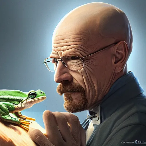 Prompt: a frog and walter white, intricate, highly detailed, digital painting, artstation, concept art, smooth, sharp focus, illustration, unreal engine 5, 8 k, art by artgerm and greg rutkowski and alphonse mucha