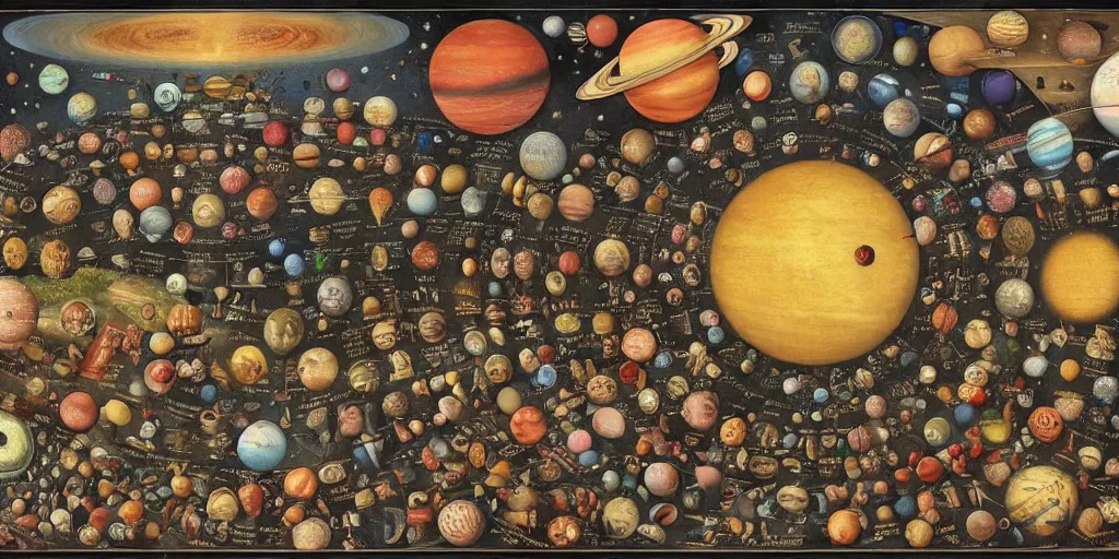Image similar to the solar system in the style of heironymus bosch, intricate colorful masterpiece, hyper detailed, hd