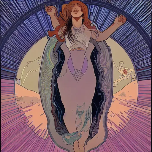 Prompt: a woman leaving her body, astral projection, astral travel, space background, cinematic, detailed, very realistic, by Alphonse Mucha, Moebius, Laurie Greasley