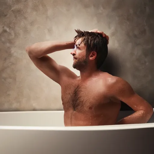 Image similar to man bathing in a tub full of nutella, dslr, 8 k, octane beautifully detailed render, cold lighting, cinematic lighting, detailed photo, masterpiece, volumetric lighting, ultra realistic, highly detailed, high quality, lossless, photorealistic