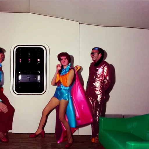 Prompt: first-person perspective view of three people wearing discowear having a party inside of a 1970s luxury cabin with a soviet computer console on the wall, ektachrome photograph, f8 aperture