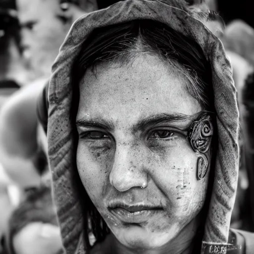 Prompt: the face of a person at a festival who has glimpsed the fourth dimension, intricately detailed, beautiful face, detailed eyes, award winning, 3 5 mm